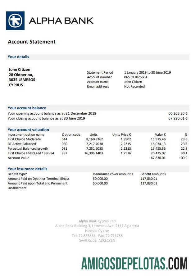 Cyprus Alpha modelo de extrato bancário